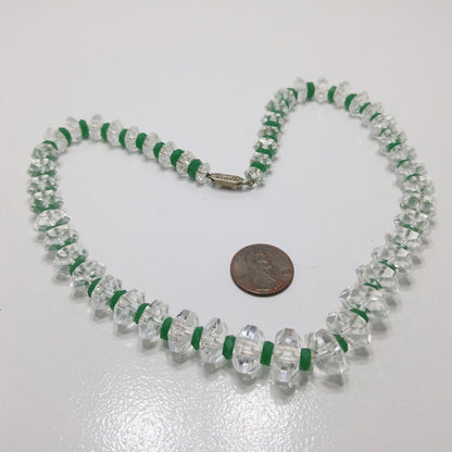 Art Deco Clear Quartz Beaded Necklace, Green Glass Spacer Beads, 1920s, 14KGF