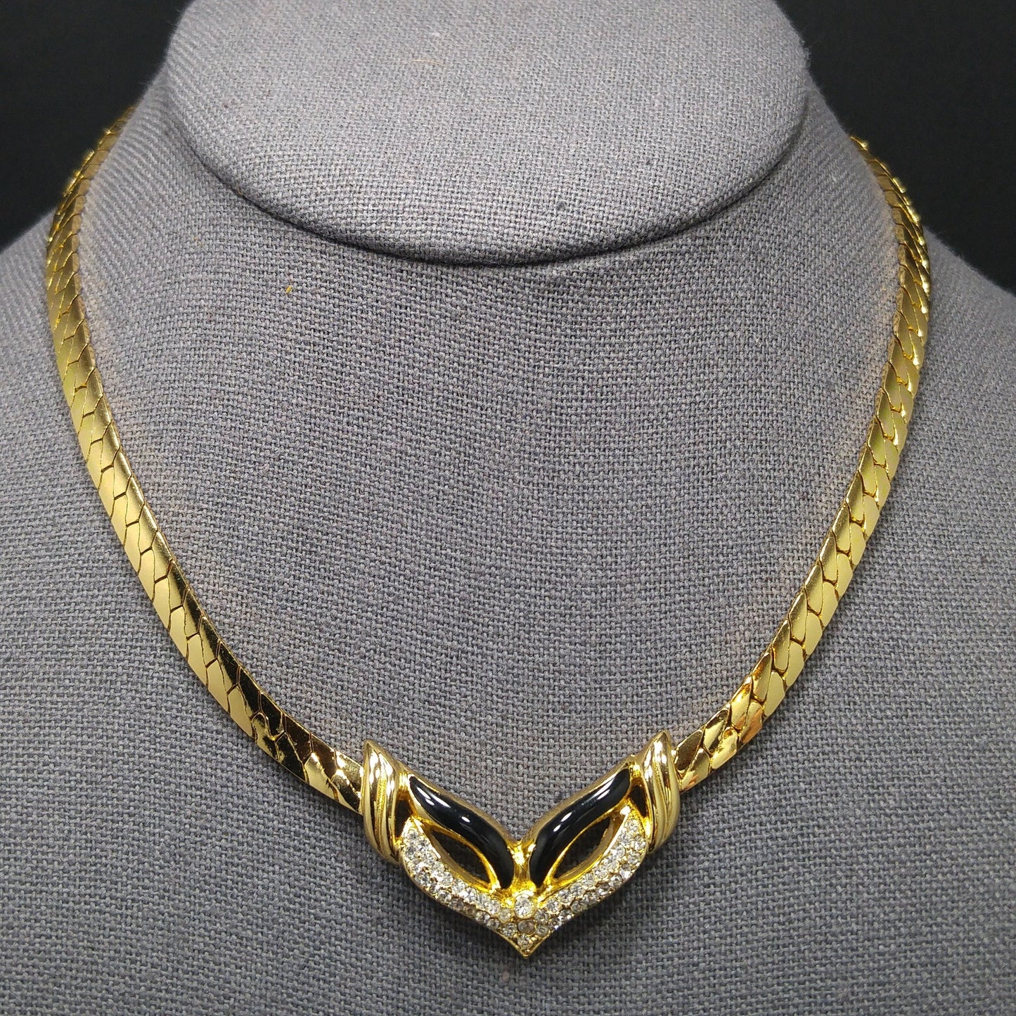 Vintage Christian Dior Germany Mask Pendant Necklace, Gold Plated, Black Enamel