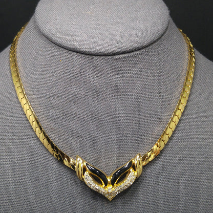 Vintage Christian Dior Germany Mask Pendant Necklace, Gold Plated, Black Enamel