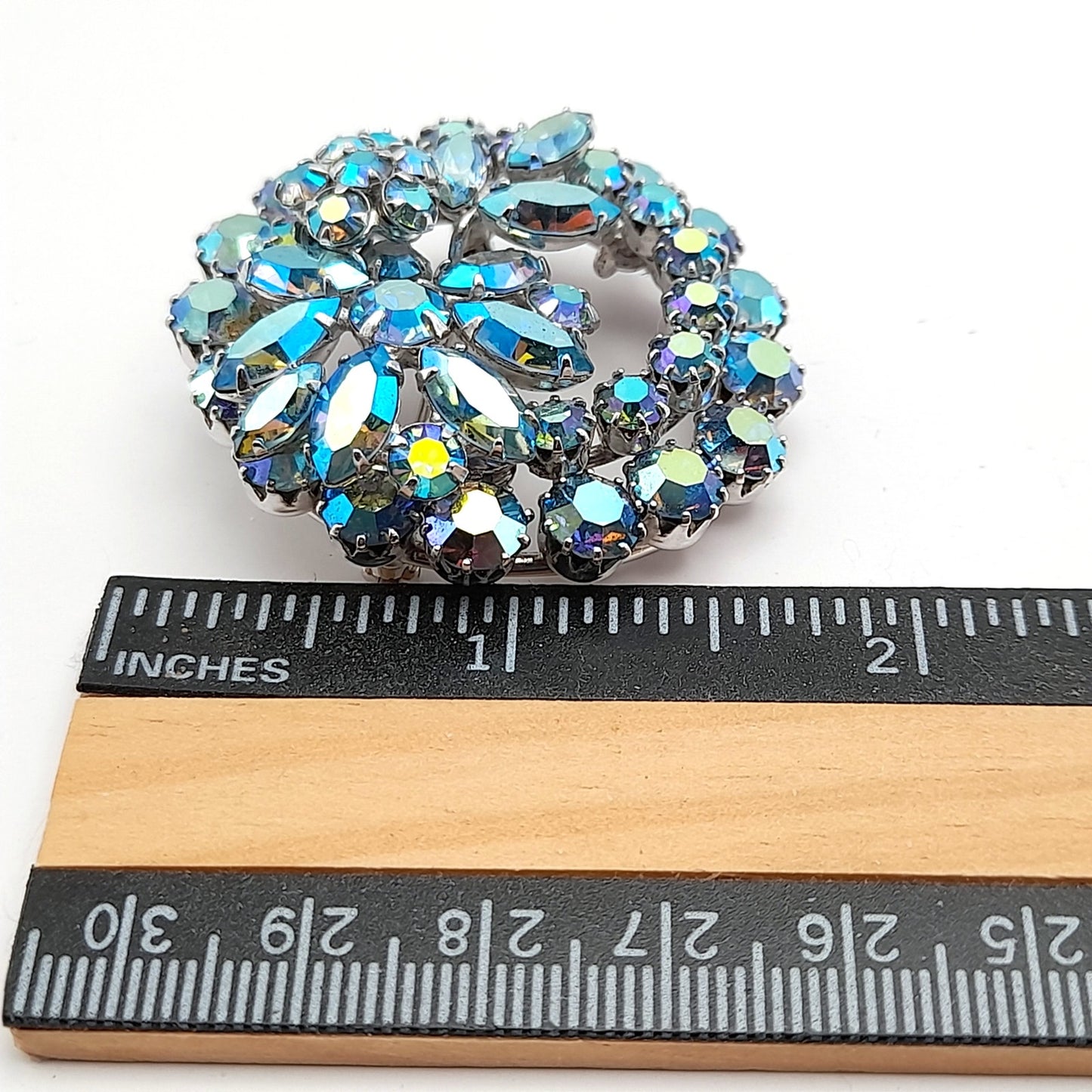 Vintage Sherman Blue Aurora Borealis Rhinestone Brooch