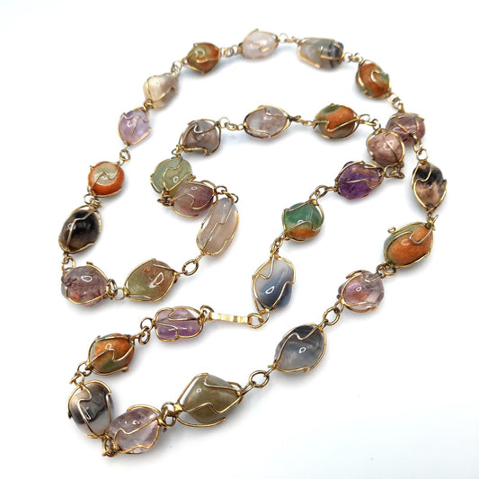 Vintage Gemstone Wire Wrapped Necklace, Multicolored Gemstones, 1960s Vintage Jewelry