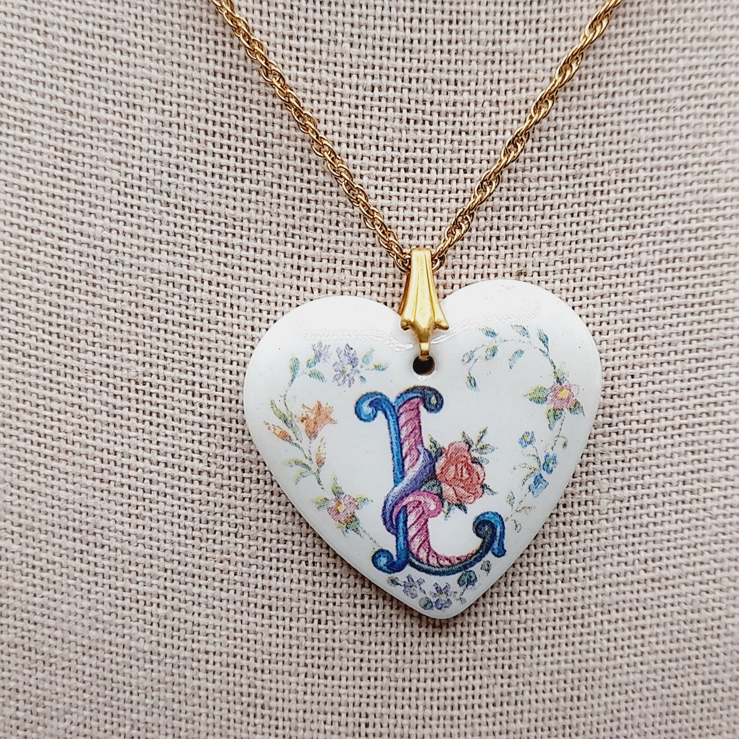 Vintage Avon Porcelain Heart “L” Initial Necklace on 24” Gold Rope Chain