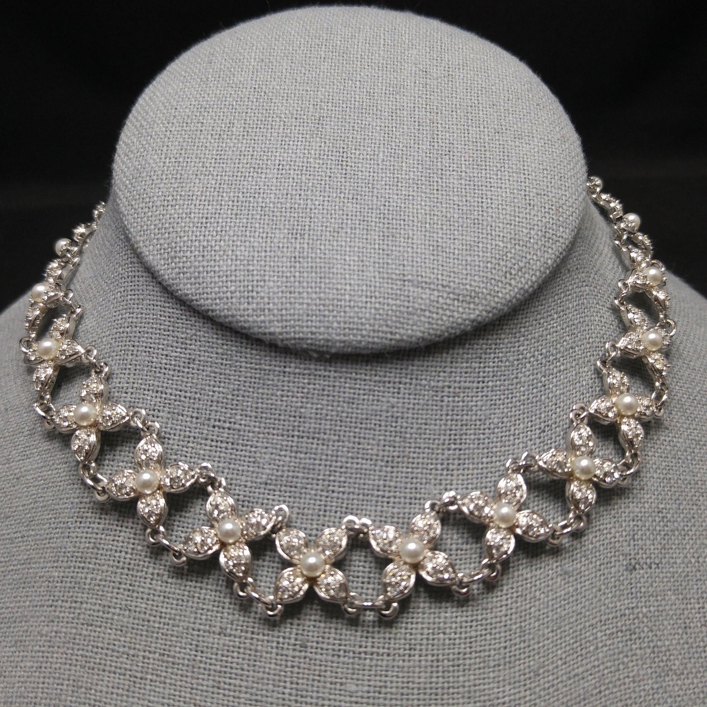Vintage Swarovski Swan Logo Pearl Rhinestone Floral Choker Necklace 1990s