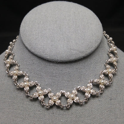 Vintage Swarovski Swan Logo Pearl Rhinestone Floral Choker Necklace 1990s