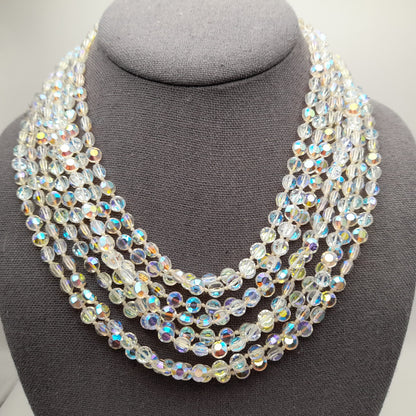 Vintage Flat Crystal Eight Strand Necklace, Hand-knotted, Aurora Borealis