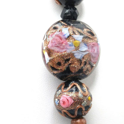 1940s Wedding Cake Murano Venetian Glass Bead Necklace Black Pink Gold 30”