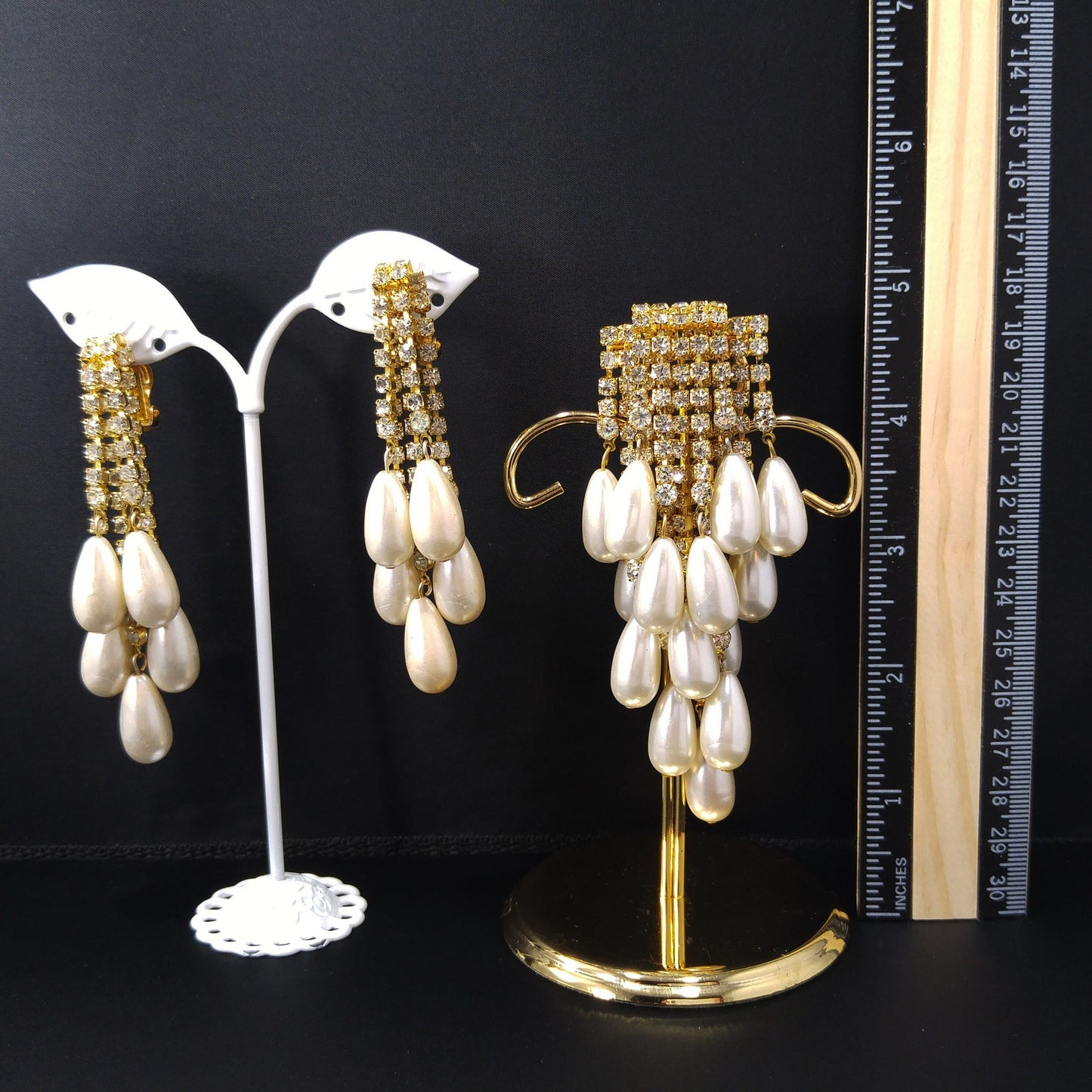 Vintage Rhinestone Gold Plated Brooch & Earrings, Faux Pearls, 1970s