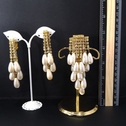 Vintage Rhinestone Gold Plated Brooch & Earrings, Faux Pearls, 1970s