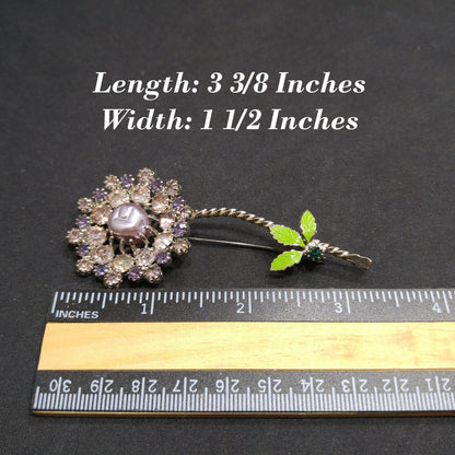 Lilac Purple Rhinestone Flower, Faux Baroque Pearl, Green Enamel Pin, 1950 Vintage Jewelry