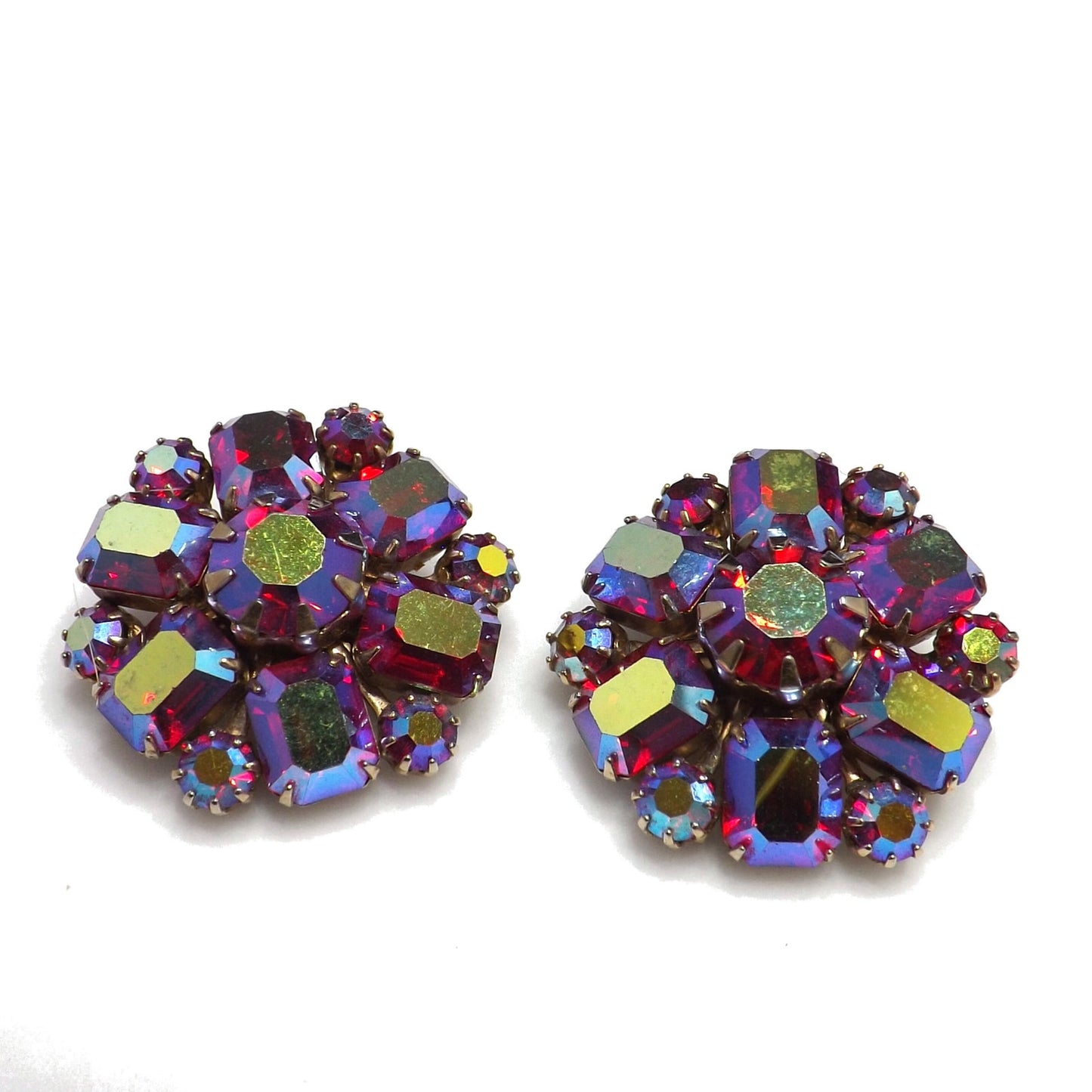 Weiss Red Aurora Borealis Floral Earrings, Gold Plated, 1950s Vintage Jewelry