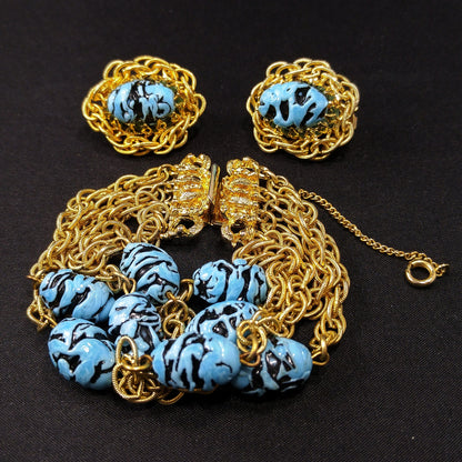 Vintage Hobe Art Beads & Chain Bracelet Earrings Set, 1950s Vintage Jewelry
