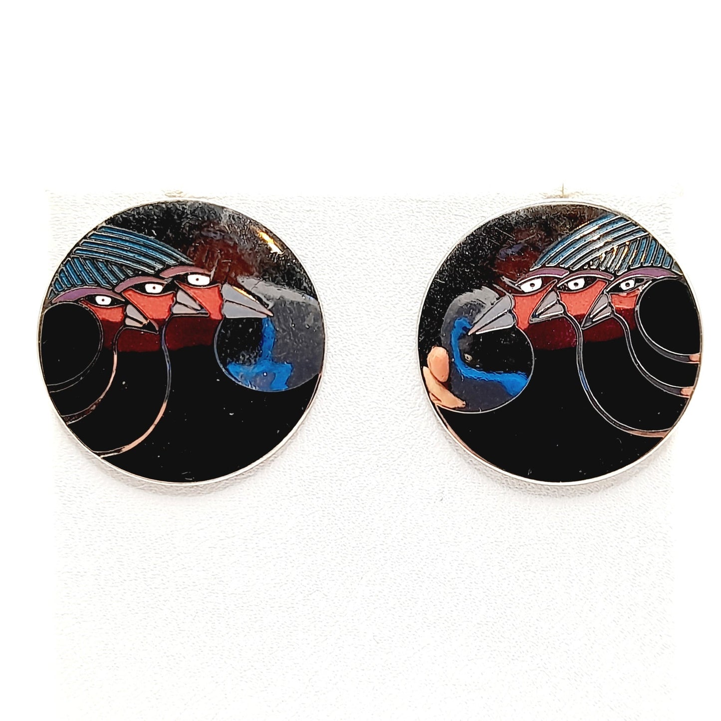 Laurel Burch "Celestial Birds" Post Earrings, Vintage 1980s Rhodium Enamel Jewelry, Designer Statement Earrings, Artistic Retro Style