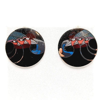 Laurel Burch "Celestial Birds" Post Earrings, Vintage 1980s Rhodium Enamel Jewelry, Designer Statement Earrings, Artistic Retro Style