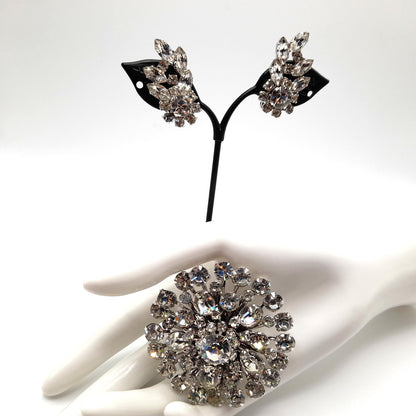 Clear Rhinestone Round Brooch Clip Earrings Set, Wedding Holiday Jewelry, 1950s Vintage Jewelry