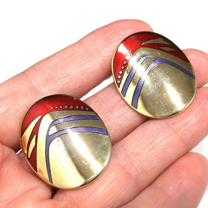 Laurel Burch Metallic Red & Purple Earrings, Gold Plated, 1980s Vintage