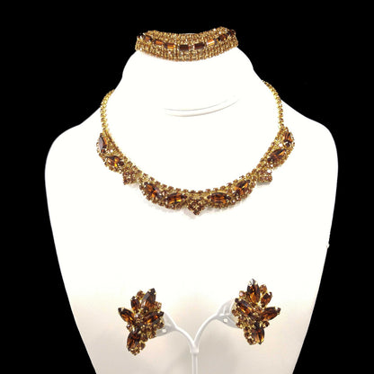 Vintage Rhinestone Jewelry Set: Necklace Bracelet Earrings,  1960s