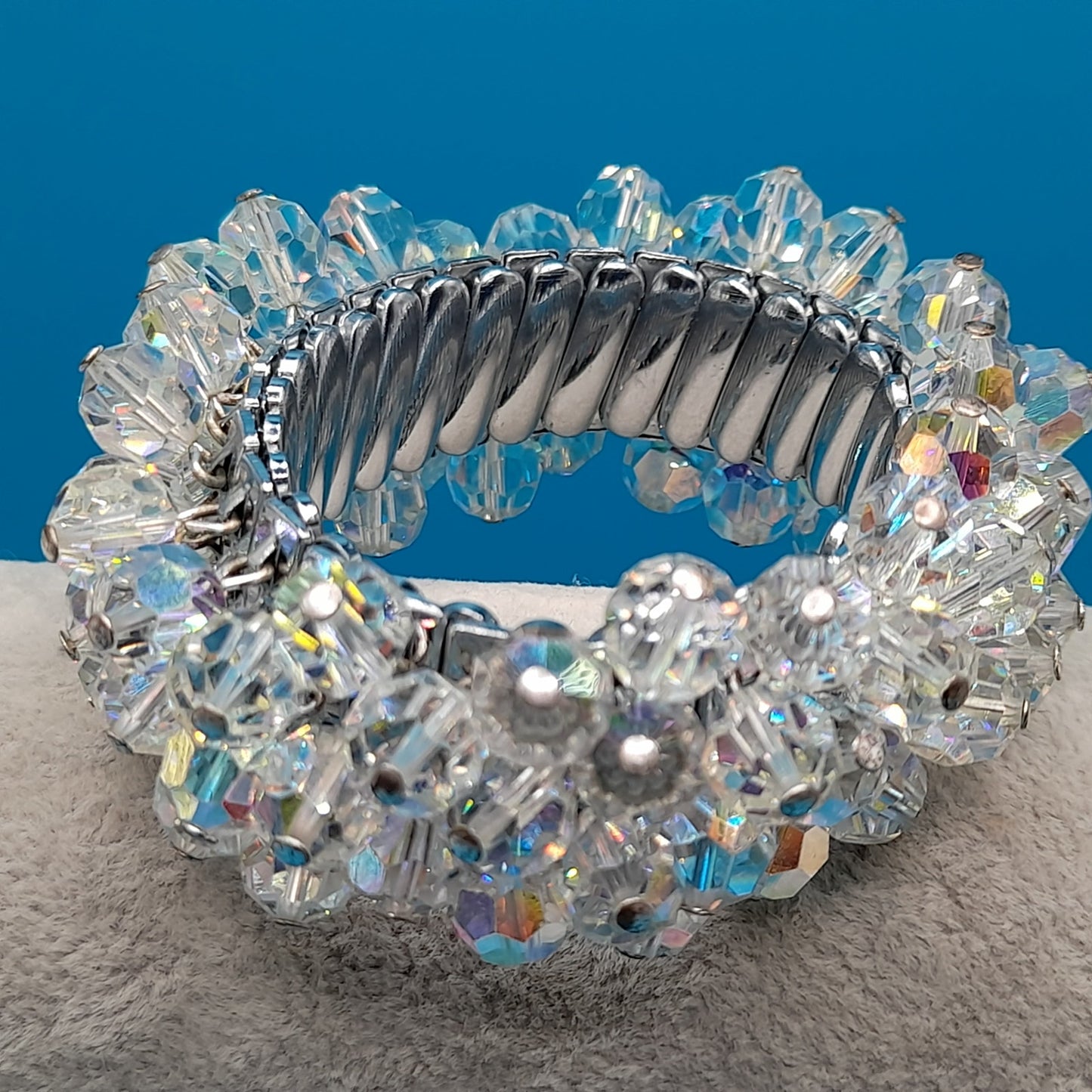 Vintage Japan Expandable Bracelet, Clear Crystal Beads, Cha Cha, 1960s Jewelry