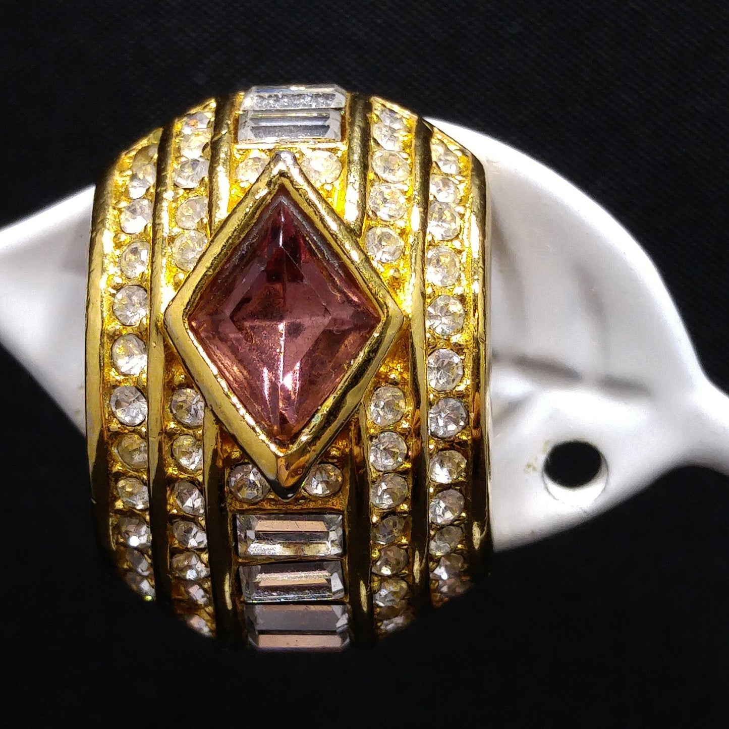 Vintage Christian Dior Earrings – 1980s Gold Plated Half Hoop Pave Rhinestone & Purple Crystal – Signed Chr. Dior Pat. 2733491