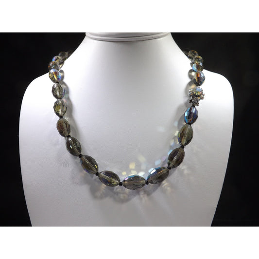 Vintage Chess Oval Aurora Borealis Crystal Beaded Necklace, Rhinestone Clasp, 1960s Vintage Jewelry