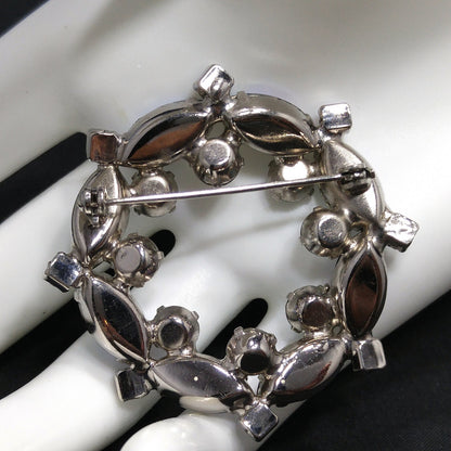 Blue Vitrail Rhinestone Wreath Brooch, 1960s Vintage Jewelry, Rhodium Plated