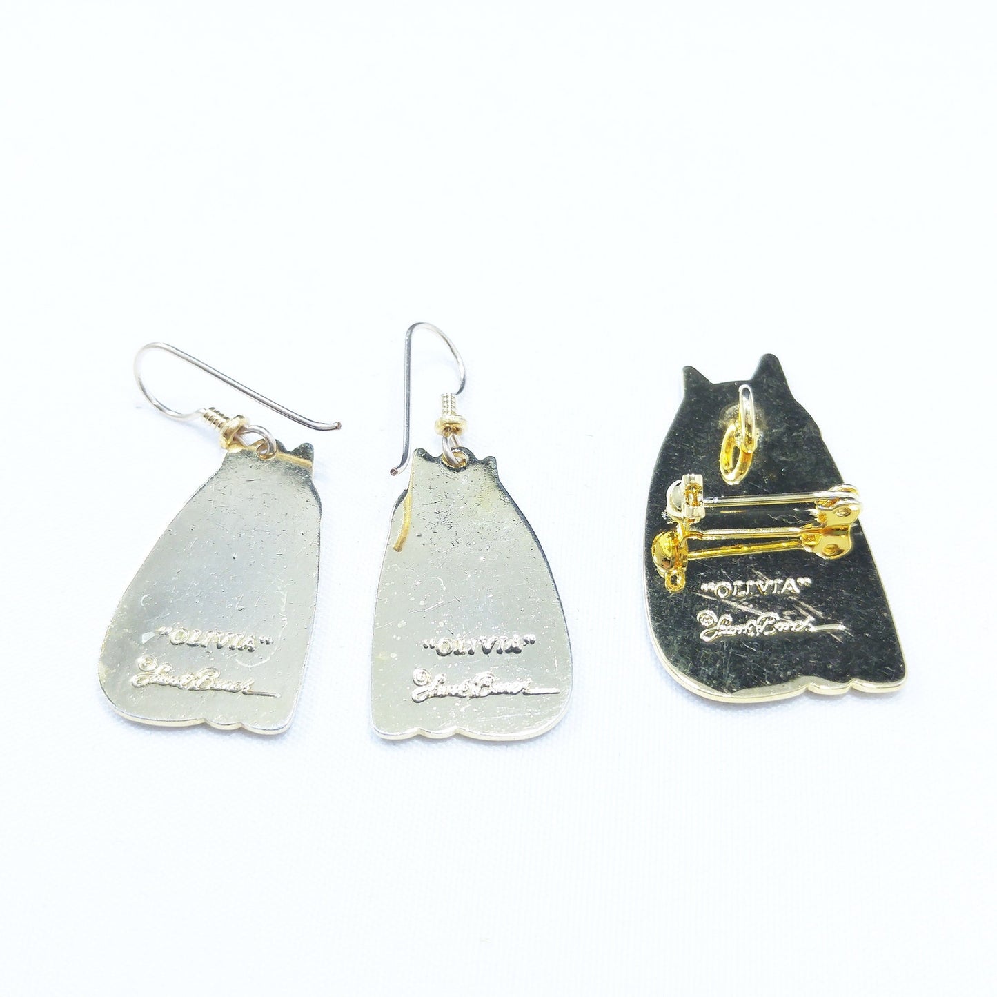 Laurel Burch "Olivia" Cat Earrings & Pendant Brooch Combo, 1980s Vintage Jewelry