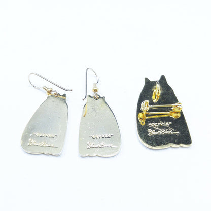 Laurel Burch "Olivia" Cat Earrings & Pendant Brooch Combo, 1980s Vintage Jewelry