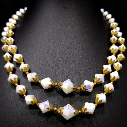White Crystal Fire Polished Two Strand Necklace, Golden Brass End Caps, 1950s Vintage Jewelry