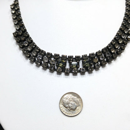 Kramer Black Diamond Rhinestone Choker Necklace, Dark Green Glass, 1950s Vintage Jewelry