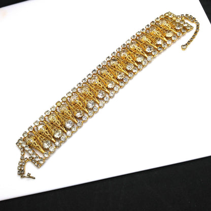 Vintage Filigree Cone Wide Choker Necklace, Gray Crystal Rhinestones, 1960s Vintage Jewelry
