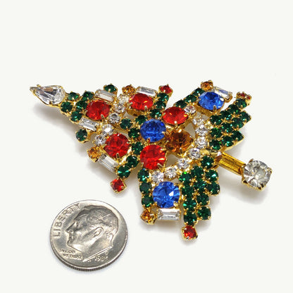 OTC Rhinestone Christmas Tree Brooch, Gold Plated, 1960s Vintage Holiday Jewelry
