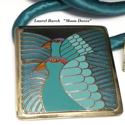 Laurel Burch "Moon Doves" Pendant Necklace & Earrings, Gold Plated, Cloisonné Enamel, 1980s Vintage Jewelry