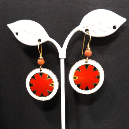 Vintage Laurel Burch "Myth" Earrings, Gold Plated Cloisonne, Red White Black