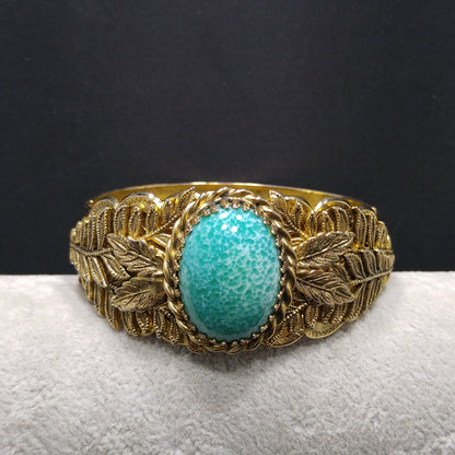 Whiting & Davis Gold Tone Cuff Bracelet Peking Glass Cabochon Leaves Vintage