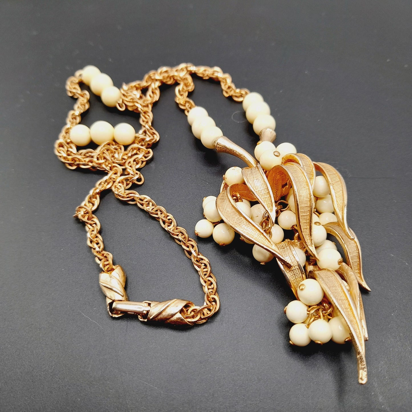 Vintage Articulated Fruit Pendant Gold Tone White Bead Necklace, 24 Inches