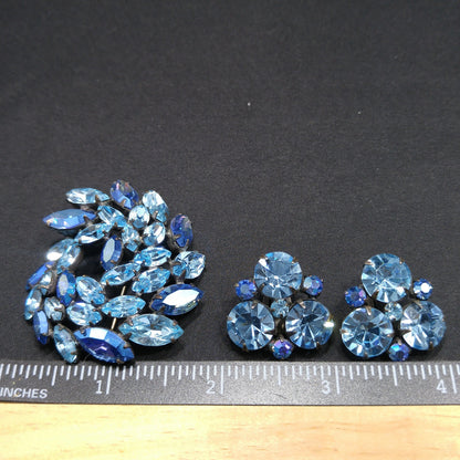 Regency Blue Rhinestone Brooch Earrings Set, 1950s Vintage Jewelry