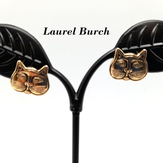 Laurel Burch Cat Face Earrings, Gold Plated Cats, Gold Filled Posts, 1980s