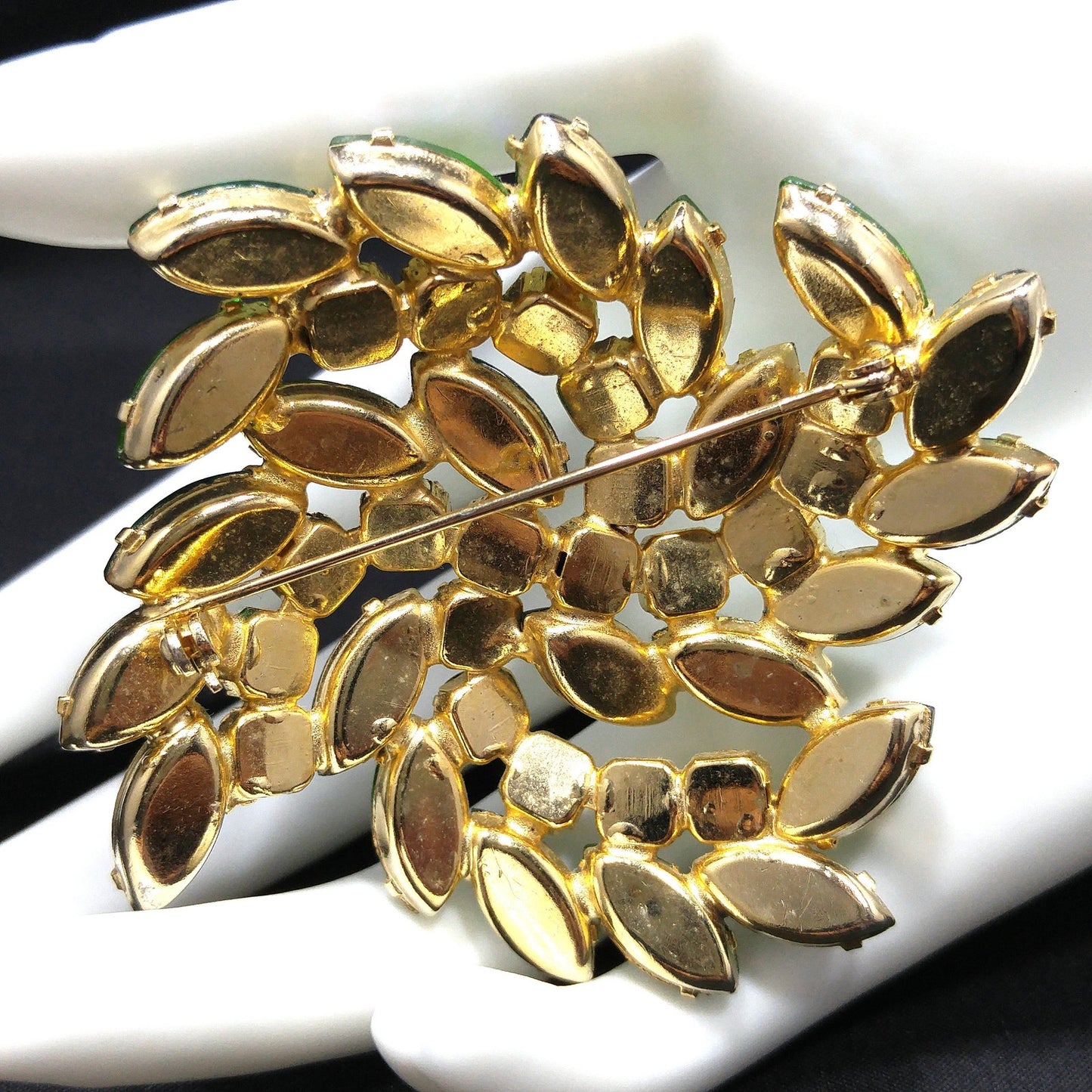 Green Aurora Borealis Rhinestone Brooch, Gold Plated, 1960s Vintage Jewelry