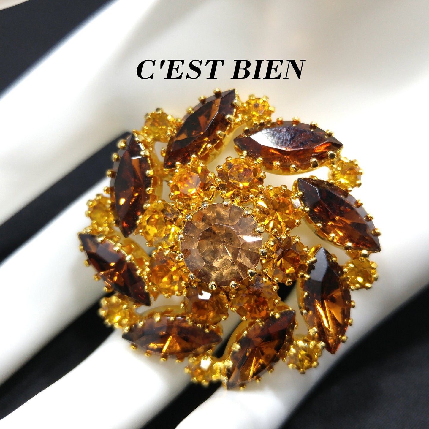 VIntage C'est Bien Topaz Rhinestone Brooch, Gold Plated, 1960s