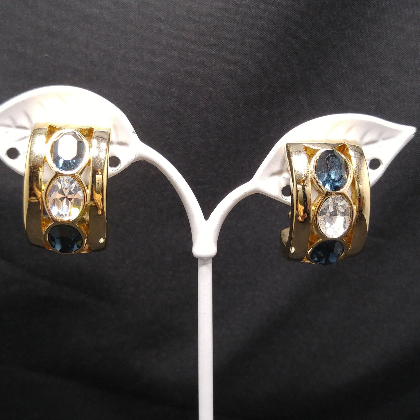 Vintage S.A.L. Swarovski Blue & Clear Rhinestone Clip Earring Hoops