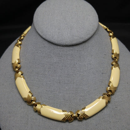 Monet Cream Enamel Link Necklace, Gold Plated, 1980s Vintage Jewelry
