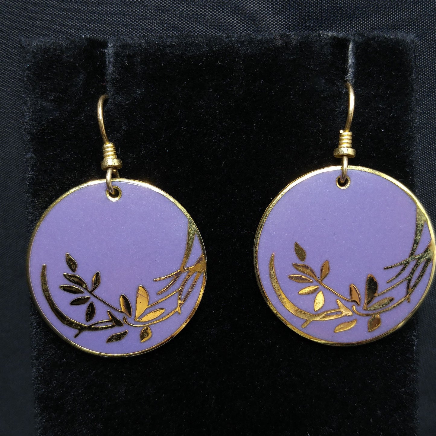 Vintage Laurel Burch Lavender Floral Earrings, Gold Plated Cloisonne