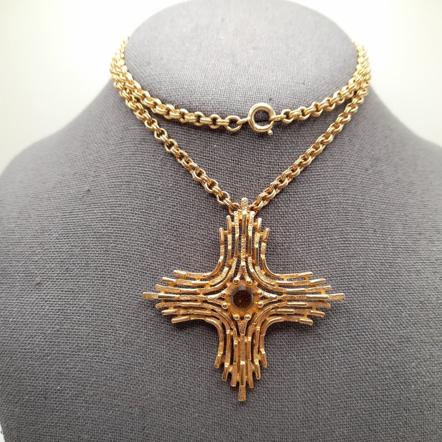 Vintage Sarah Coventry 1970s Yellow Rhinestone Cross Pendant Necklace