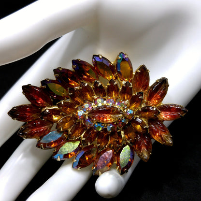 Topaz Rhinestone Lava Glass Brooch, Gold Plated, 1960s Vintage Jewelry
