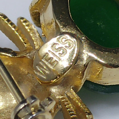 Weiss Figural Mouse Brooch with Red Rhinestone Eye and Green Lucite Belly – 1950s Gold Tone