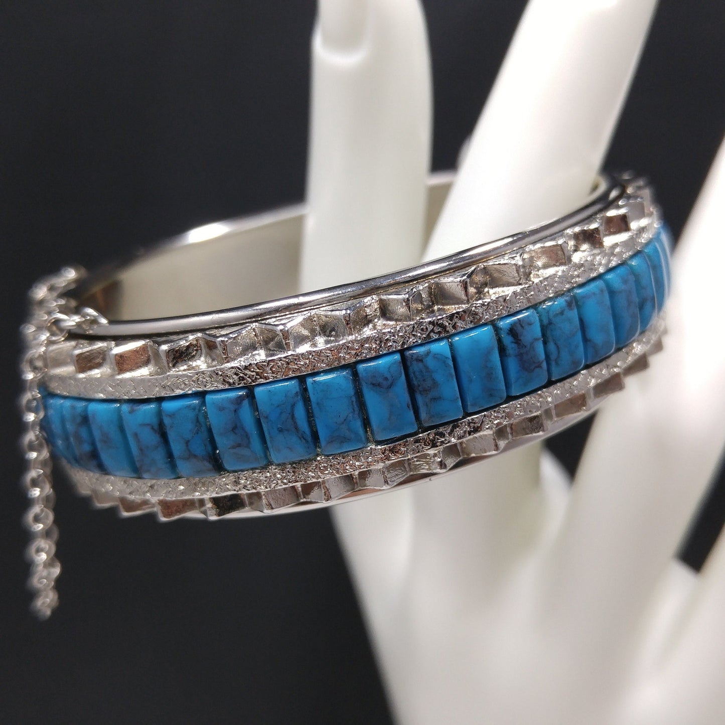 Whiting & Davis Faux Turquoise Hinged Bracelet, Silver Tone, 1970s Vintage Jewelry