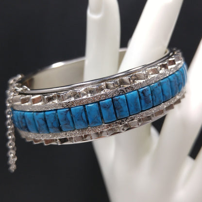 Whiting & Davis Faux Turquoise Hinged Bracelet, Silver Tone, 1970s Vintage Jewelry