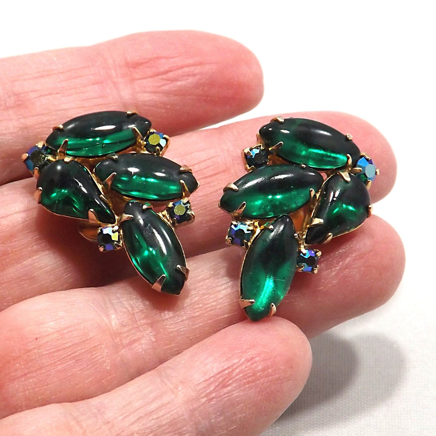 Vintage WEISS Green Clip Earrings, Gold Plated Green AB Rhinestones, 1960s
