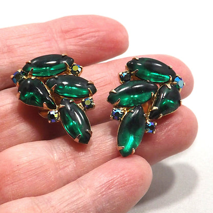 Vintage WEISS Green Clip Earrings, Gold Plated Green AB Rhinestones, 1960s