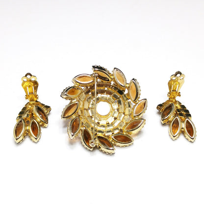 Domed Topaz Rhinestone Brooch & Earrings Set, Gold Plated, 1960s
