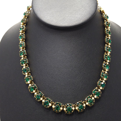 Hollycraft Emerald Green Rhinestones Necklace, Faux Pearls, Gold Plated, 1950s